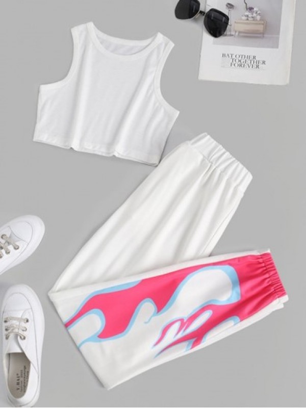 Flame Print Sleeveless Pocket Sport Pants Set