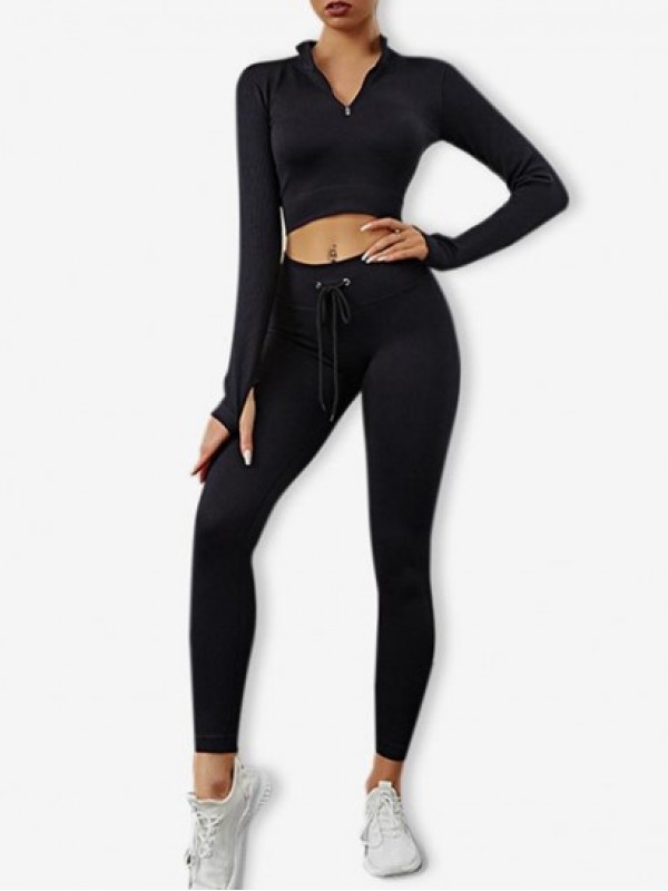 Half Zip Thumb Hole Ribbed Crop Top With Lace Up Leggings Athleisure Gym Sports Yoga Knitted Two Piece Set