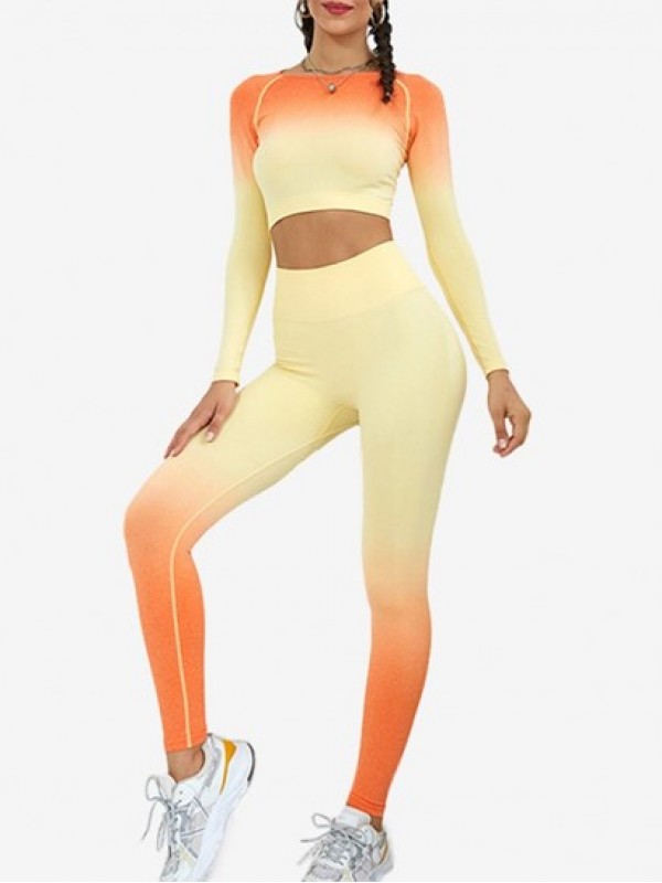 Ombre Color Long Sleeves Crop Top And High Waist Leggings Sports Yoga Set