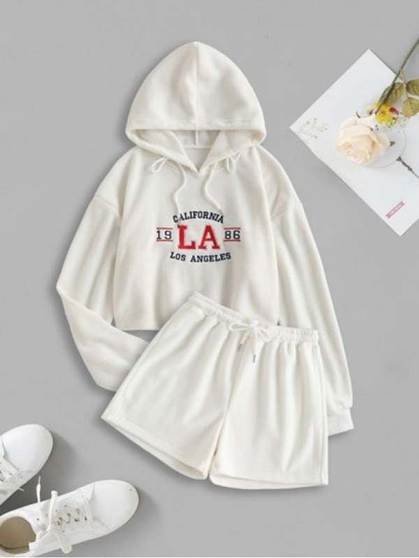 Letter Embroidered Polar Fleece Crop Hoodie And Shorts Sports Outfit