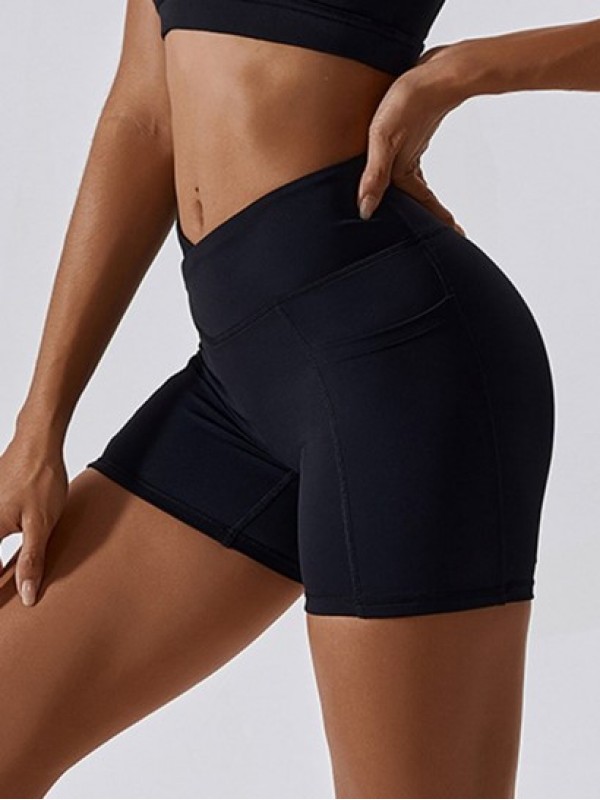 Asymmetrical Waist Back Ruched Sports Shorts With Phone Pocket