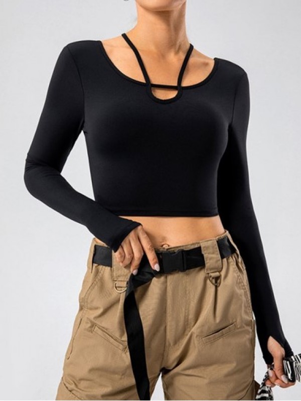 Crisscross Back Long Sleeves Sports Yoga Crop Top With Thumb Holes