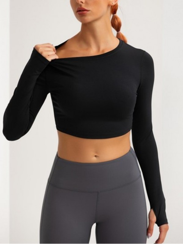 Solid Color Basic Sports Crop Top With Thumb Hole