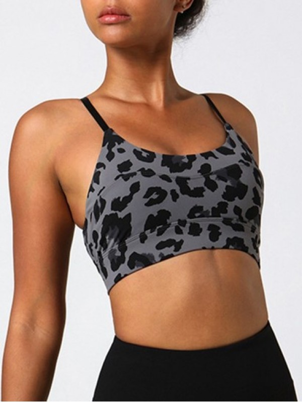 Leopard Pattern Cut Out Backless Sports Bra