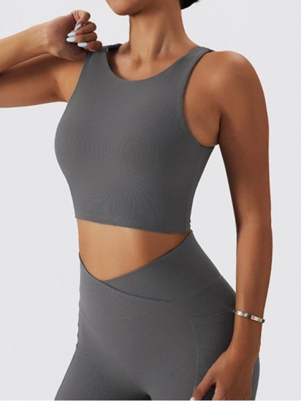 Solid Color Back Cut Out Design Ribbed Yoga Crop Tank Top