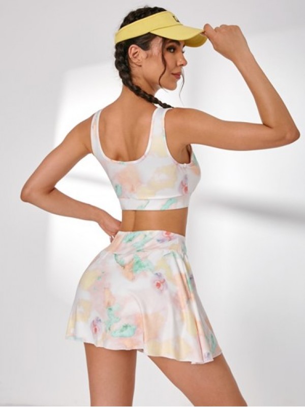 Tie Dye Chest Pad Sport Top And Anti-glare Skirt Set