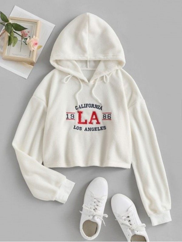 Letter Embroidered Polar Fleece Crop Hoodie And Shorts Sports Outfit