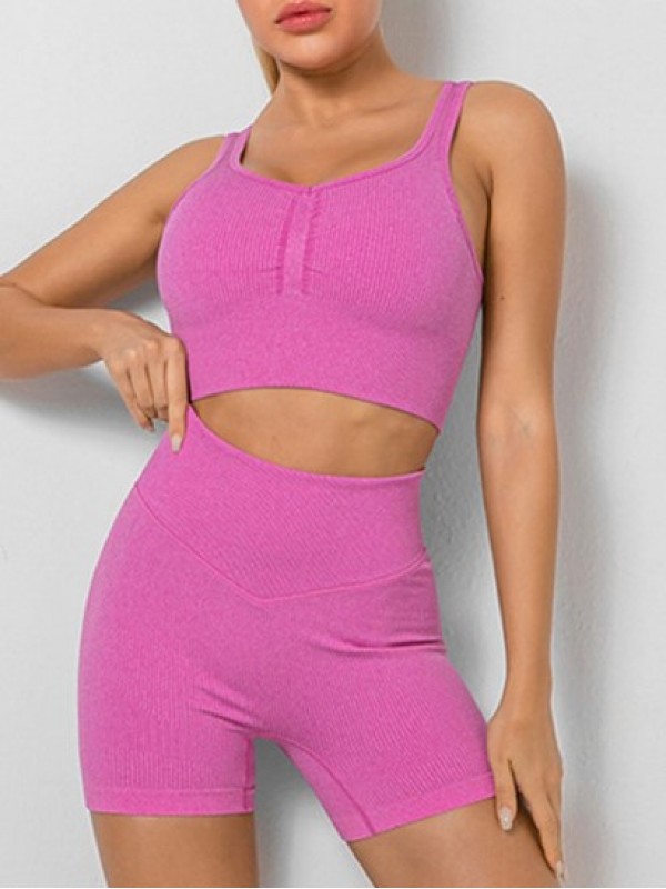 Knitted Ribbed Sports Bra And Wide Waistband Shorts Set