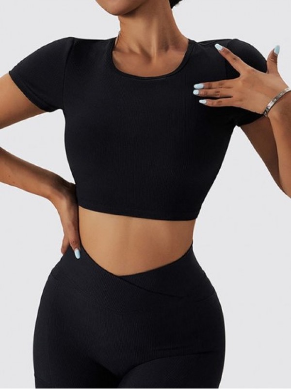 Cutout Backless Sexy Textured Padded Plain Short Sleeves Cropped Sports Yoga Tee