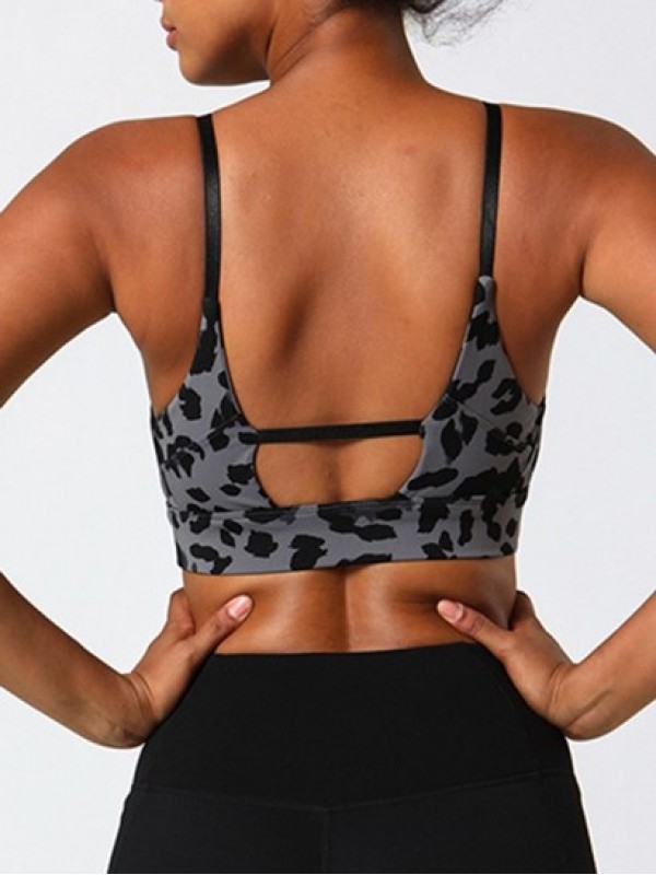 Leopard Pattern Cut Out Backless Sports Bra