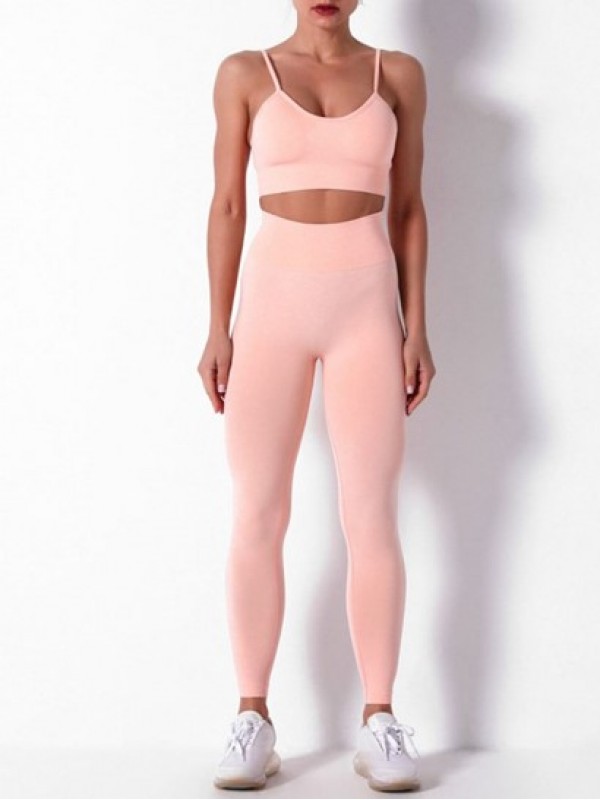 Wideband Waist Leggings And Solid Color Sports Bra Set