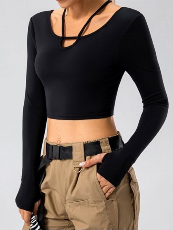 Crisscross Back Long Sleeves Sports Yoga Crop Top With Thumb Holes