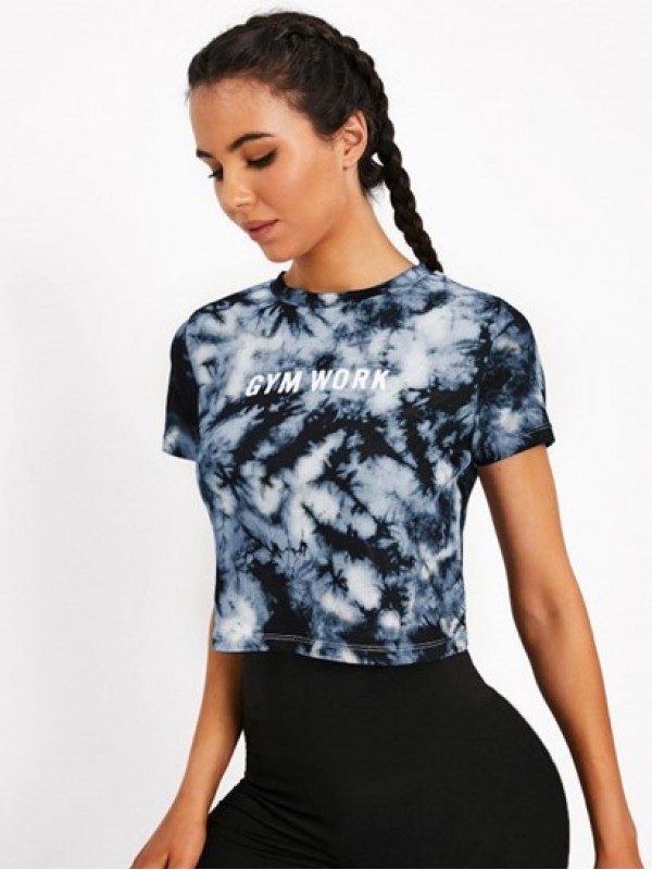 Tie Dye Letter Print Short Sleeve Gym T Shirt