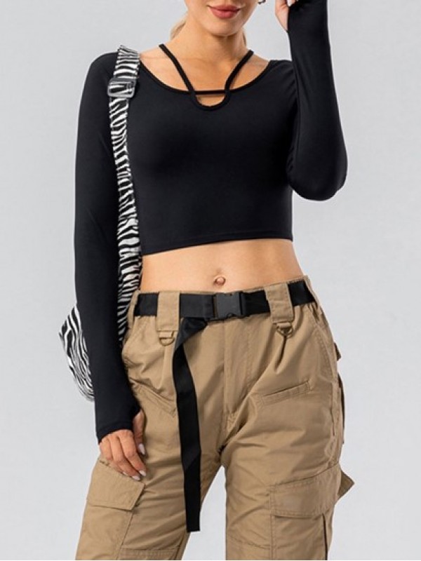 Crisscross Back Long Sleeves Sports Yoga Crop Top With Thumb Holes