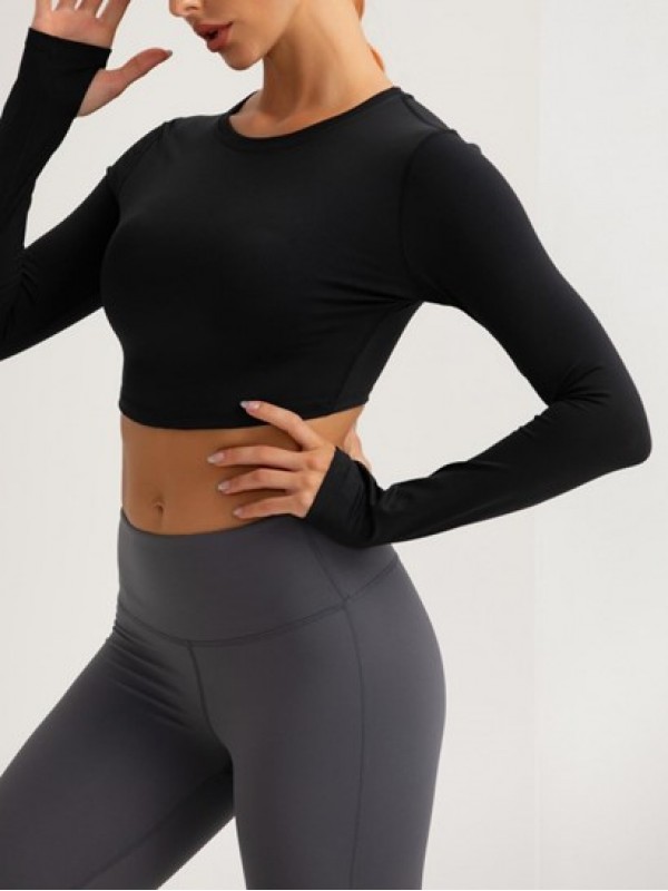 Solid Color Basic Sports Crop Top With Thumb Hole